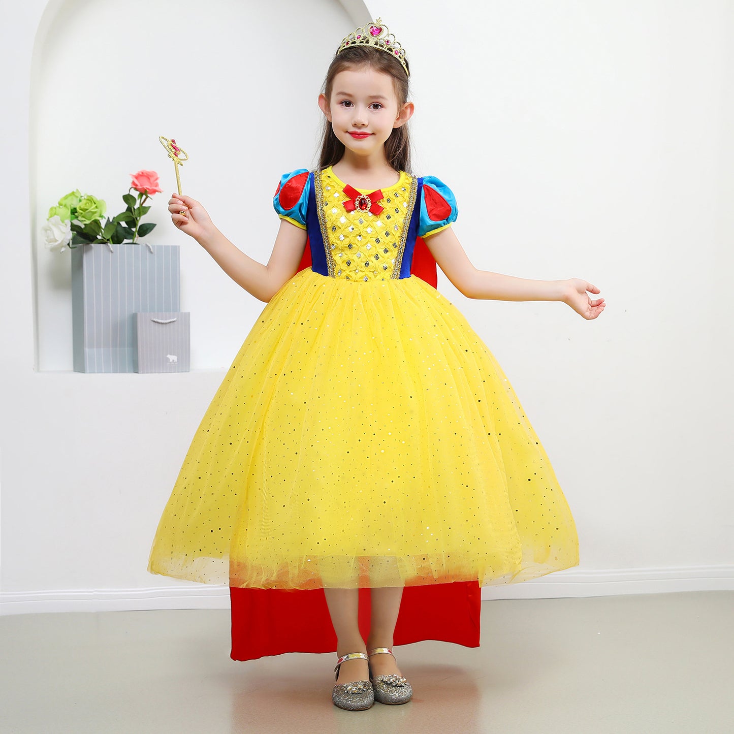 Princess Dress Yellow Tulle Blue Bow Capable for Kids