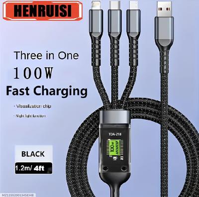 100W Fast Charging Cable Black Nylon 3-in-1