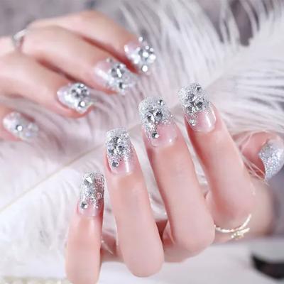 Double Size Acrylic Rhinestone Nails Silver Glitter