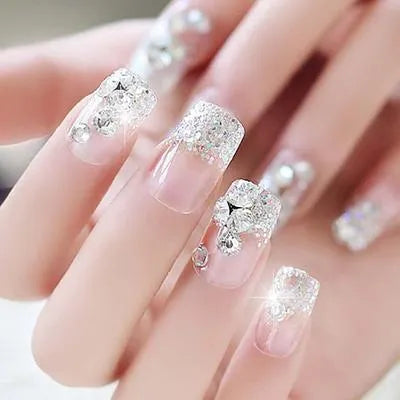 Double Size Acrylic Rhinestone Nails Silver Glitter