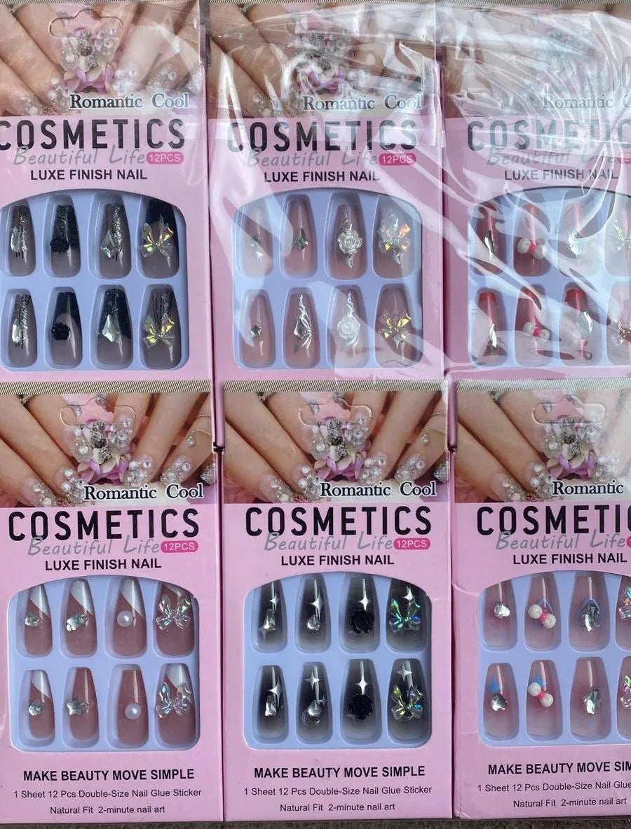 Double Size Acrylic Rhinestone Nails Silver Glitter