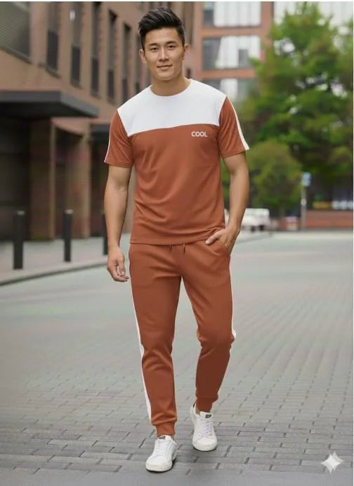 Men Dri Fit Printed Track Suit Brown Slim Fit