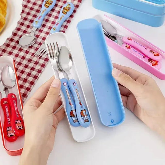 Portable Kids' Stainless Steel Cutlery Set – Ergonomic Cartoon Spoon and Fork with Slim-Fit Travel Storage Case for School Lunches, Picnics, and Toddler Self-Feeding ( blue )