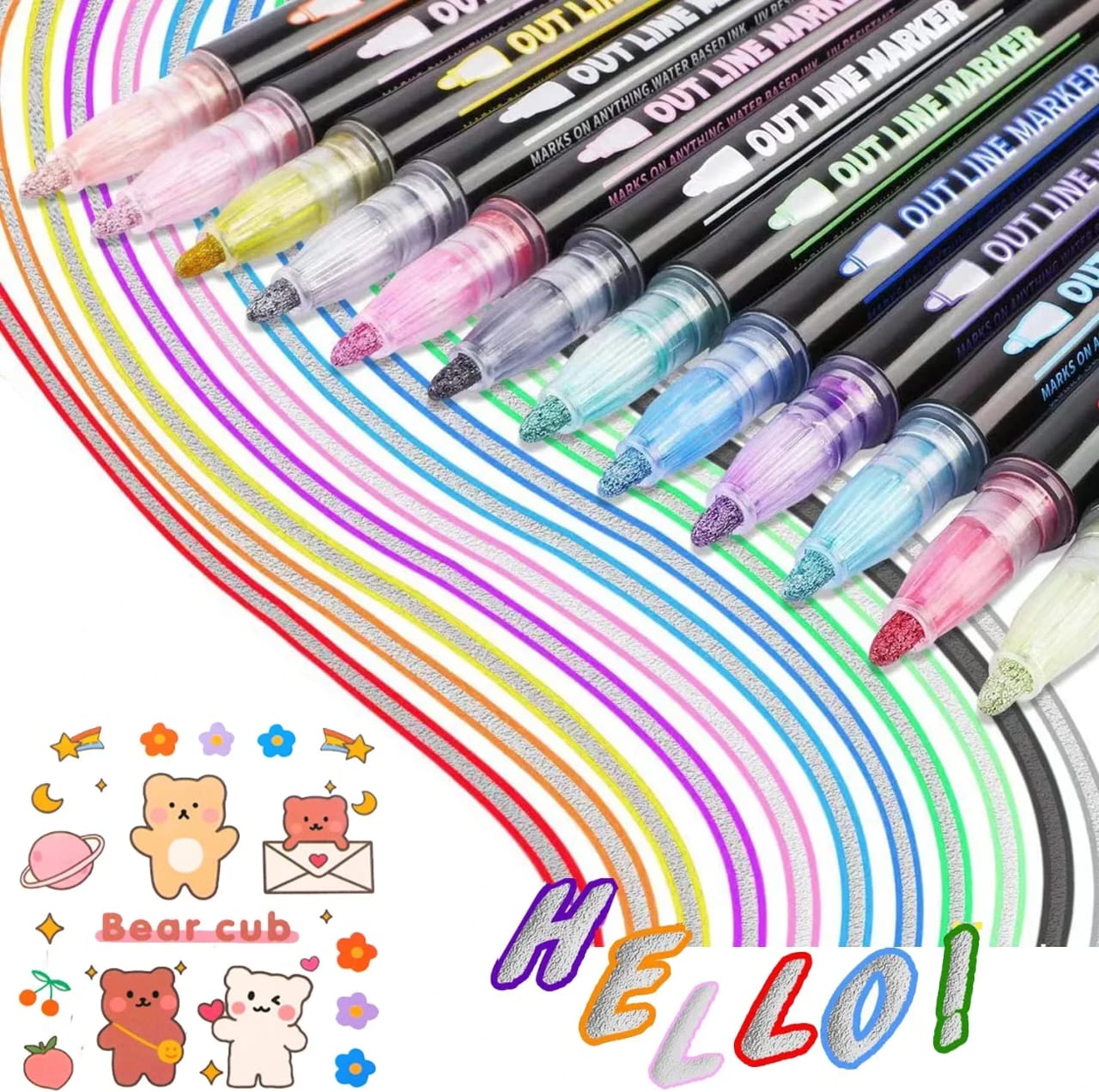 Double Line Outline Glitter Marker Pens Creative Dual Effect Writing & Drawing Tools For Art Craft & Decoration