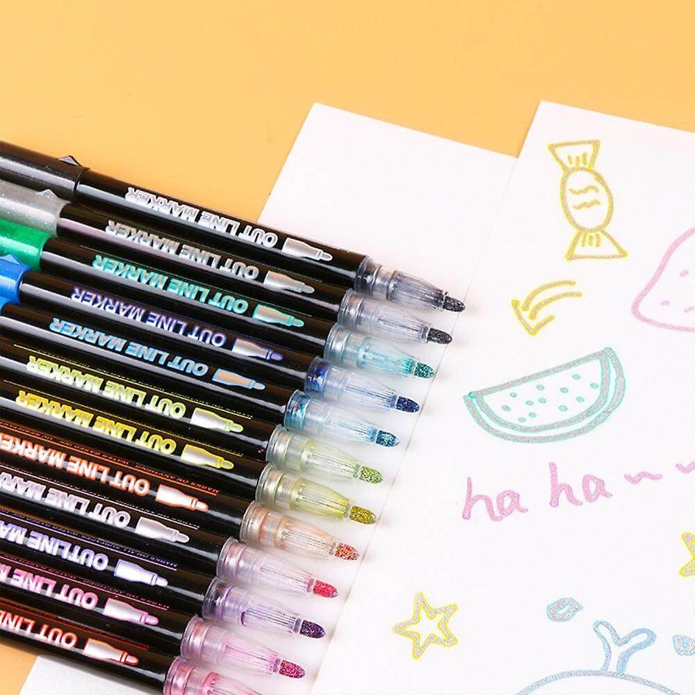 Double Line Outline Glitter Marker Pens Creative Dual Effect Writing & Drawing Tools For Art Craft & Decoration