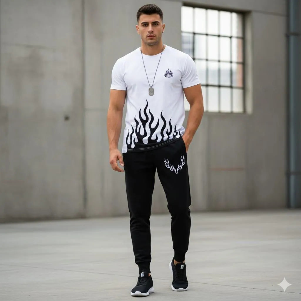 Men Flame Print Track Suit White Black Polyester Summe