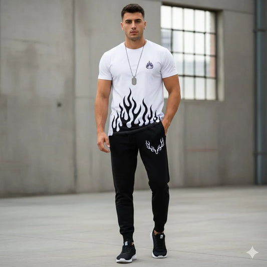 Men Flame Print Track Suit White Black Polyester Summe