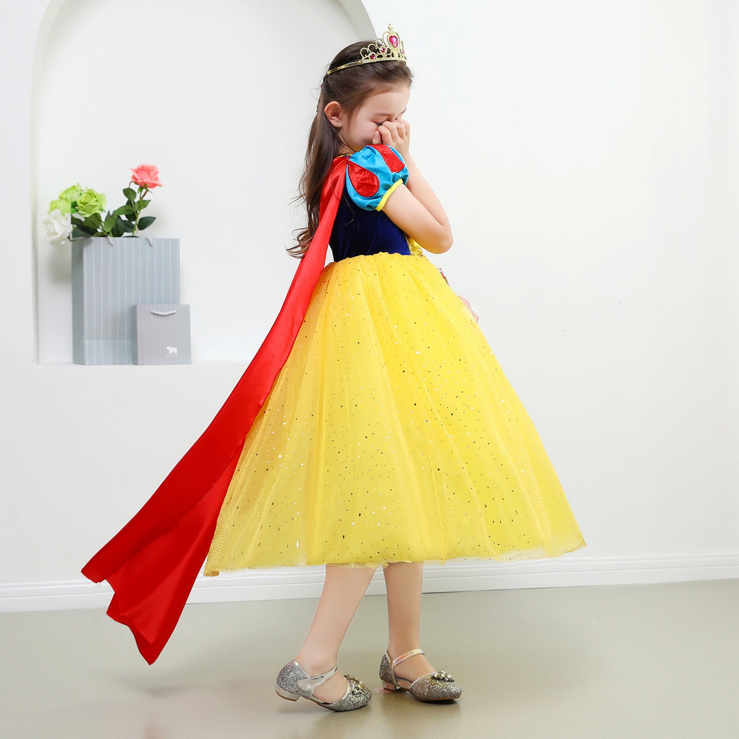 Princess Dress Yellow Tulle Blue Bow Capable for Kids