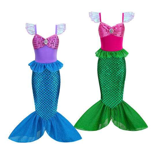 Girls Mermaid Costume Dress Blue Green Sparkly Sleeveless