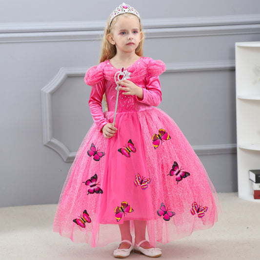 Pink Butterfly Princess Dress for Girls 4-10 Years